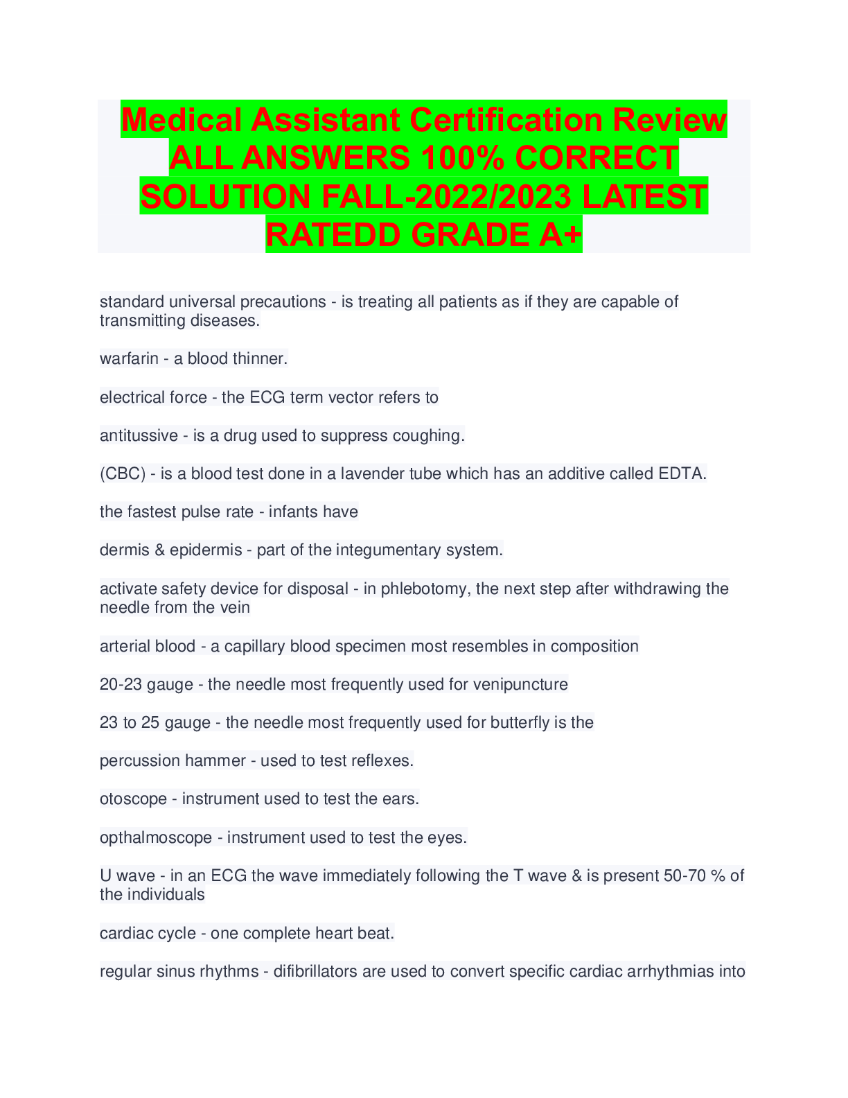 Preview of Medical Assistant Certification Review ALL ANSWERS 100% CORRECT SOLUTION FALL-2022/2023 LA